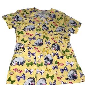 Disney Eeyore XS Scrub Top Yellow Bow Print V-Neck Short Sleeve Cotton Blend